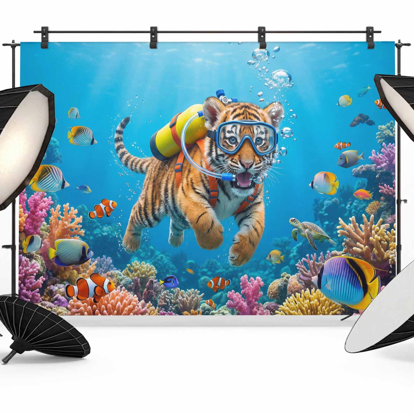 Tiger Back Drop Funny Tiger Diving Photography Backdrop 10x8FT, Seafloor Corals Fish ...