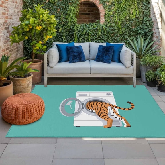 Funny Tiger Indoor Outdoor Rugs 4x6 Ft, Tiger's Butt White Washing Machine Farmhouse Outdoor Patio Rugs Mat Washable Outside Area Rugs Carpet for Porch Deck RV Camping Pool Balcony Backyard