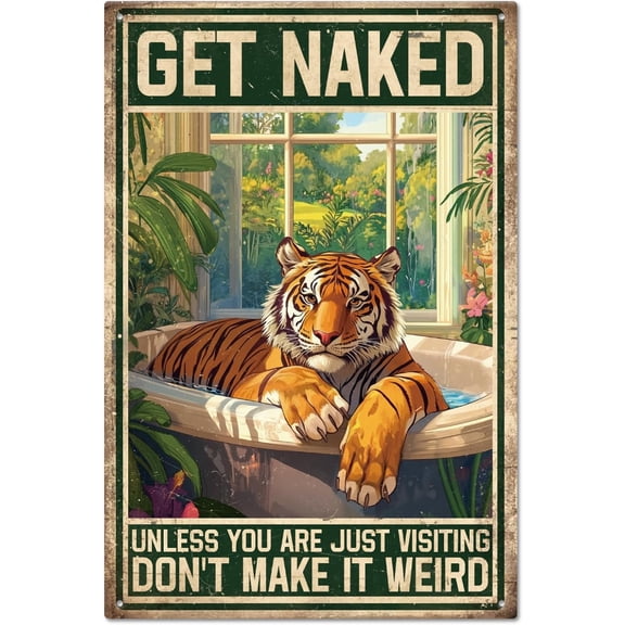 Funny Tiger Metal Tin Sign 12x8 in Fresh Plants Bathtub Tin Signage Decor Metal Sign for Washbasins Balcony Bathroom Toilet Home Wall Decoration