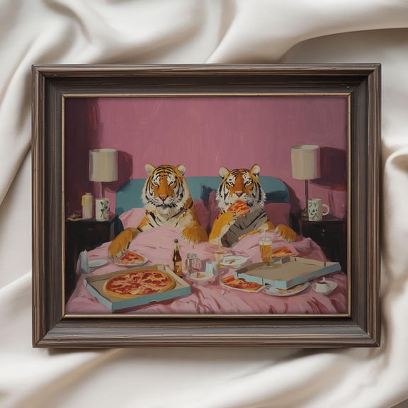 Funny Tiger Pizza Art Print, Cozy Couple In Bed Poster, Maximalist Dopamine Decor Wall Art, Matte Canvas Stretched, Posters for Room Bedroom Living Room Bathroom Wall Decor, Posters, Art Prints, Gift
