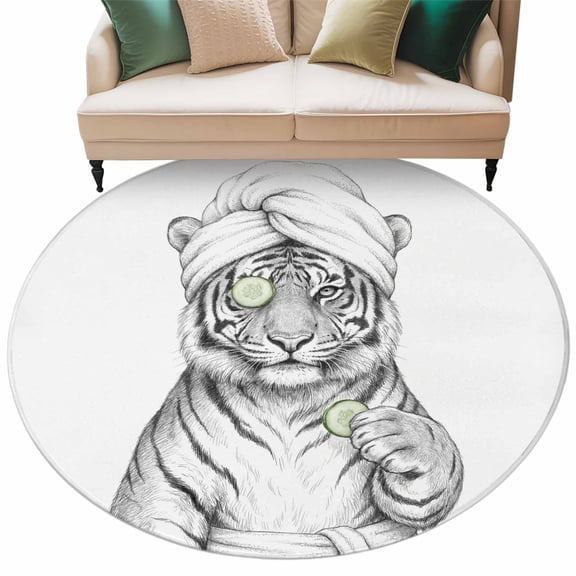 Funny Tiger Round Rug 7ft Washable Circle Rugs Non Slip Cucumber Mask Cute Abstract Animal Modern Art Large Area Rug Indoor Carpet for Bedroom Kitchen Living Room Home Office Dining Room Nursery