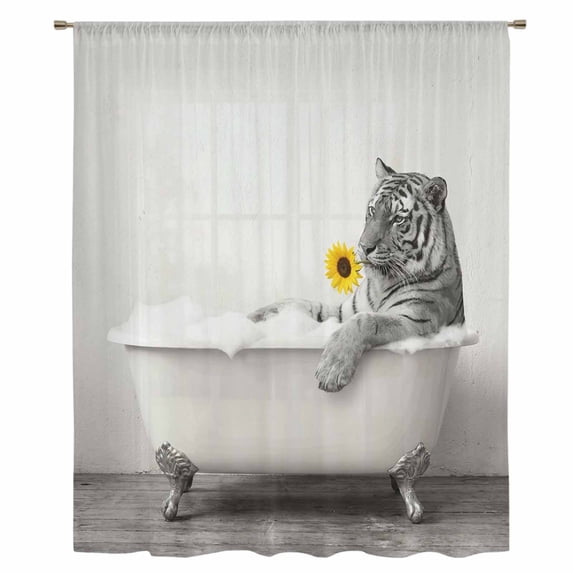 Funny Tiger Sheer Curtains 63 Inches Long, Cute Art Vintage Lovely Animals on Bathtub Light Filering Curtains, Breathable Simi Curtain Privacy Drapes for Living Room Bedroom Window Treatment