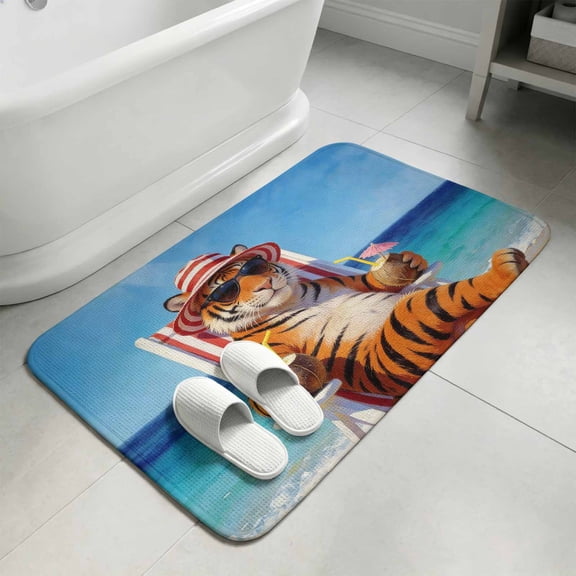 Funny Tiger Summer Beach Bathroom Rugs Non Slip Washable Bath Mat Absorbent Low Pile Front Door Mat Blue Sand Vacations Indoor Doormat for Kitchen Entryway Shower Decor Accessories 15.7"x23.6"