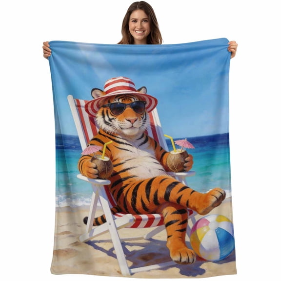 Funny Tiger Summer Beach Blanket Soft Cozy Warm Throw Blanket for Couch, Plush Fuzzy Flannel Blankets for Sofa, Blue Sand Vacations Bed Blankets Lightweight Gifts for Women, 30"x40"