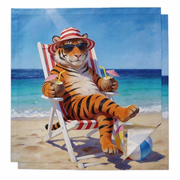 Funny Tiger Summer Beach Cloth Napkins, Blue Sand Vacations Washable and Reusable Dinner Napkins Set of 2, Table Napkin for Kitchen Party Birthday Wedding Hotel Housewarming 20"x20"