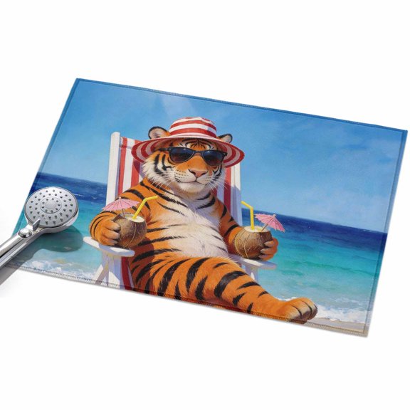 Funny Tiger Summer Beach Entryway Rug 2x3ft Washable Non Slip Bathroom Rug Low Pile Soft Indoor Floor Front Door Mat Blue Sand Vacations Rectangle Area Rugs Carpet for Kitchen Office Dining Room Home
