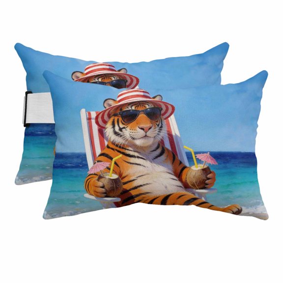 Funny Tiger Summer Beach Outdoor Pillows for Chaise Lounge Chair Beach Headrest Pillow Set of 2 Waterproof Lumbar Pillows with Insert&Adjustable Elastic Strap Blue Sand Vacations Pool Pillow 11"x16"