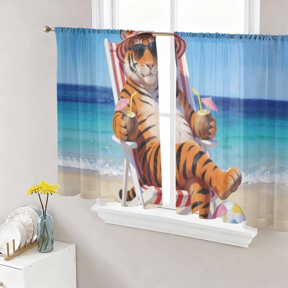 Funny Tiger Summer Beach Sheer Curtains 45 Inch Length 2 Panels Set, Blue Sand Vacations Voile Window Treatment Rod Pocket Small Kitchen Curtains Drapes for Bedroom 52"x45"x2