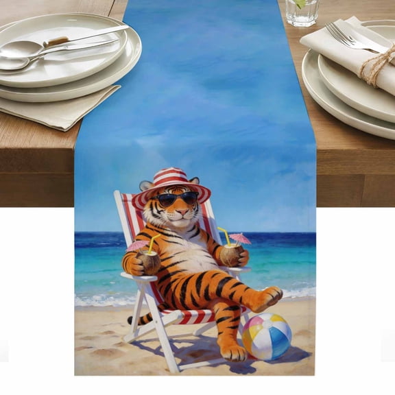 Funny Tiger Summer Beach Table Runner Blue Sand Vacations Tablerunners 13 x 48 Inch, Table Decorations Tabletop Scarf for Summer Gathering Holiday Farmhouse Kitchen Dining Decor