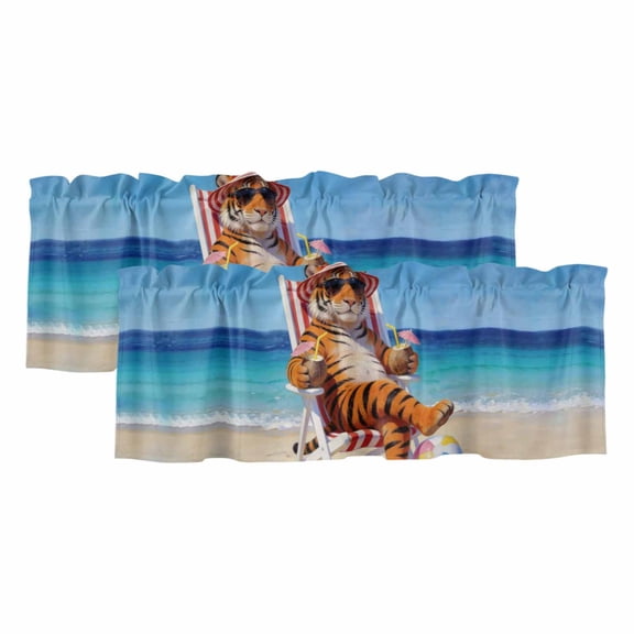 Funny Tiger Summer Beach Valances for Windows, Decorative Rod Pocket Window Valance Curtains, Blue Sand Vacations Short Curtain Drapes for Kitchen/Bathroom/Living Room, 2 Panels, 42" W x 12" L