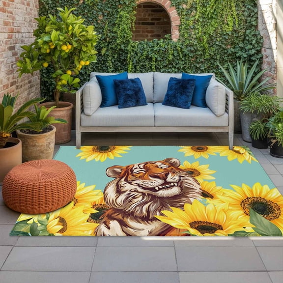 Funny Tiger Sunflower Indoor Outdoor Rugs 4x6 Ft, Cartoon Summer Animal Floral Outdoor Patio Rugs Mat Washable Outside Area Rugs Carpet for Porch Deck RV Camping Pool Balcony Backyard