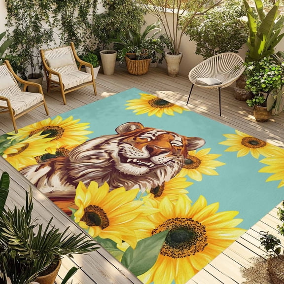 Funny Tiger Sunflower Outdoor Rug 3x5 ft Cartoon Summer Animal Floral Non Slip Patio Rug Washable Absorbent Large Outdoor Carpet Outside Mat for Porch RV Garden Camping