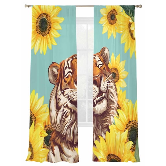 Funny Tiger Sunflower Sheer Curtains 2 Panels Set Cartoon Summer Animal Floral Sheer Window Curtains Light Filtering Rod Pocket Voile Drapes for Bedroom Living Room 52"X96"