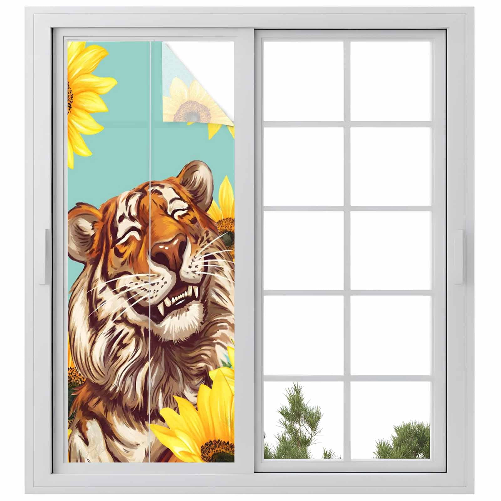 Funny Tiger Sunflower Window Privacy Film, Cartoon Summer Animal Floral Frosted Glass Window Clings Static Cling UV Heat Blocking Reusable Door Sticker for Bathroom 23.6 x 59 Inch