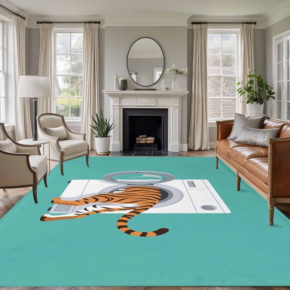 Funny Tiger Washable Living Room Rugs 8'x10', Tiger's Butt White Washing Machine Farmhouse Low Pile Throw Large Area Rug Non-Slip Sturdy Edge Binding Carpet for Bedroom Dining Room Office