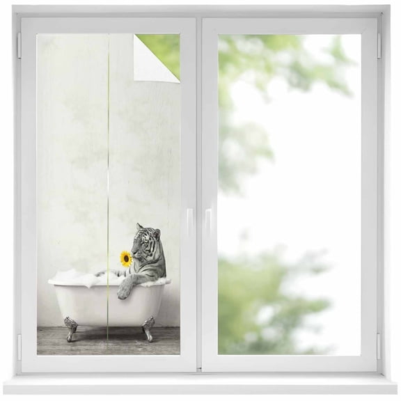 Funny Tiger Window Privacy Film, Cute Art Vintage Lovely Animals on Bathtub Static Cling UV Sun Blocking Heat Control Window Tint Day and Night, Non-Adhesive One Way Privacy Cover 17.7''x39.3''