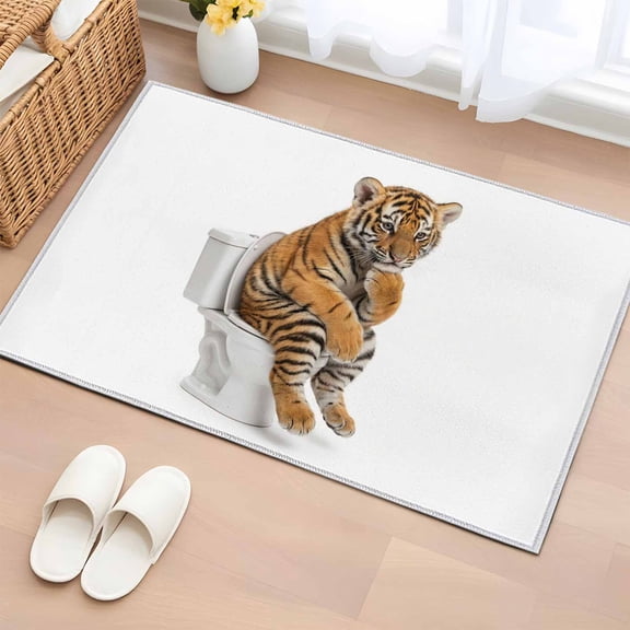 Funny Tigers Entryway Rug 2'x3' Non Slip Front Door Mats, Cute Art Fun Lovely Animals on Toilets Entrance Rugs Indoor Outdoor Carpet, Washable Floor Mats Small Area Rug for Bedroom Kitchen