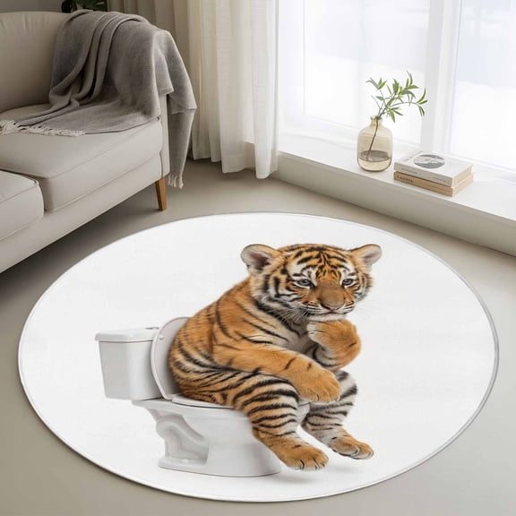 Funny Tigers Round Area Rug 4ft, Cute Art Fun Lovely Animals on Toilets Washable Non-Slip Circle Rugs for Bedroom Living Room Kitchen, Soft Non Shedding Circle Carpet for Dining Room Dorm