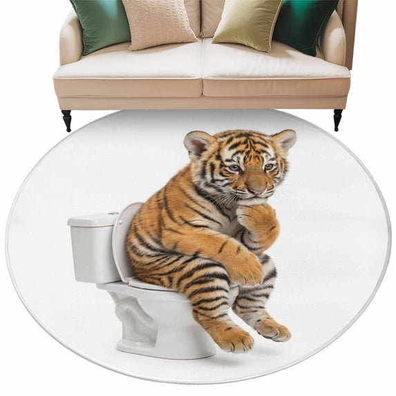 Funny Tigers Round Area Rugs Collection 8', Cute Art Fun Lovely Animals on Toilets Non Slip Indoor Circular Throw Runner Rug Floor Mat Carpet for Living Room Dining Table Bedroom Nursery