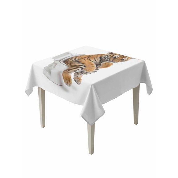 Funny Tigers Table Cloth, Waterproof Tablecloth for Square Tables, Cute Art Fun Lovely Animals on Toilets Reusable Washable Fabric Table Cover for Restaurant Kitchen Dining Tables 54"x54"