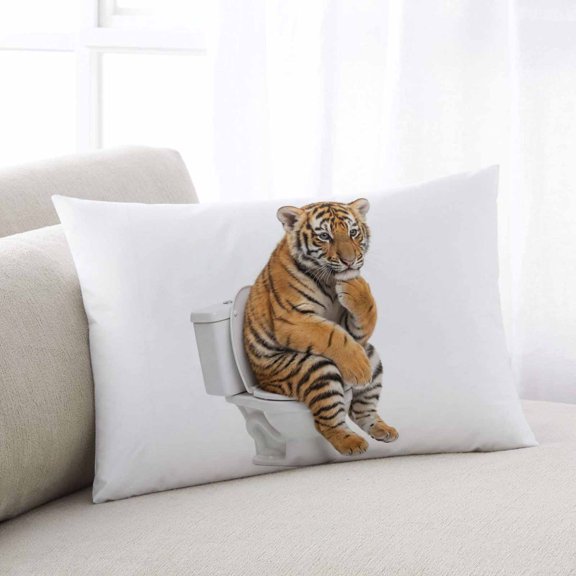 Funny Tigers Throw Pillow Covers, Cute Art Fun Lovely Animals on Toilets Soft Breathable Pillow Cases with Invisible Zipper for Sleeping, King Size Pillowcases for Couch Bed Sofa Chair 20x36 Inches