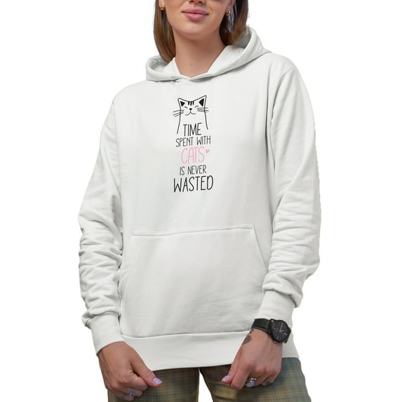 Funny Time Spent with Cats Is Never Wasted with a Cat Drawing Art Merch Gift, White Hooded Sweatshirt or Hoodie, 3XL