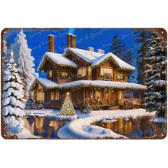 Funny Tin Sign, Christmas Decorative Metal Sign, Christmas Tree, Cabin, Snow, Night, Lake, Party Decor, Unique Metal Signs For Home Office Man Cave Store Sign 12x8 inches