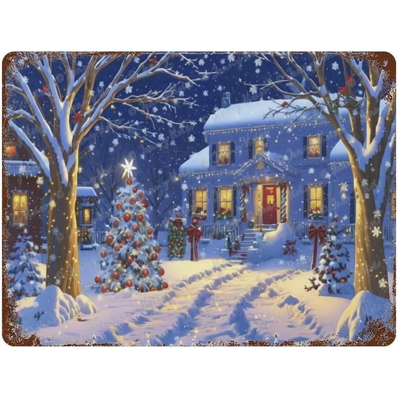 Funny Tin Sign, Christmas Tree, Cabin, Snow,Night, Christmas Decorative Metal Sign for Party Home Office Coffee Bar Club Man Cave Wall Decor, Vintage Farmhouse Tin Sign 12x16 inches
