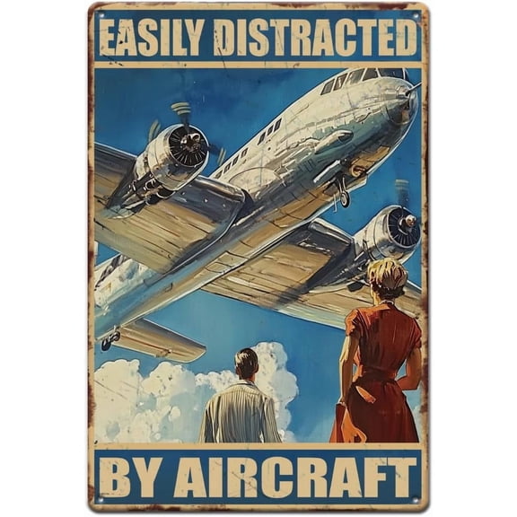 Funny Tin Signs Airplane Vintage Metal Tin Signs Easily Distracted By Aircraft Signs Funny Wall Poster Sign Retro Wall Art Vintage Metal Plaque DIY