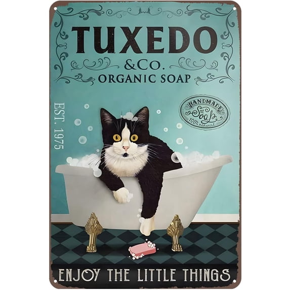 Funny Tin Signs Vintage Adult Tuxedo Cat Organic Soap Company Funny Bathroom Metal Sign Vintage Home Decor Rustic Aluminum Tin Signs Wall Art Metal Poster for Garage Bar 8x12 inch