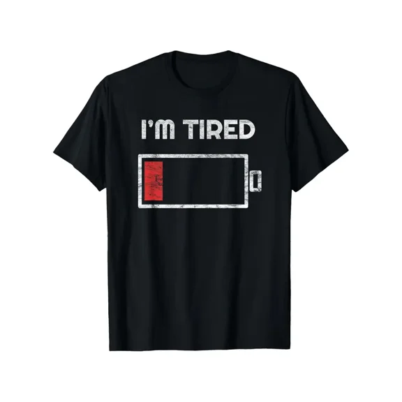 Funny I'm Tired Low Battery T-Shirt - Black Casual Short Sleeve Tee with Red Battery Symbol, Lightweight & Washable, Perfect for Outdoor Activities, Sports, and Casual Attire