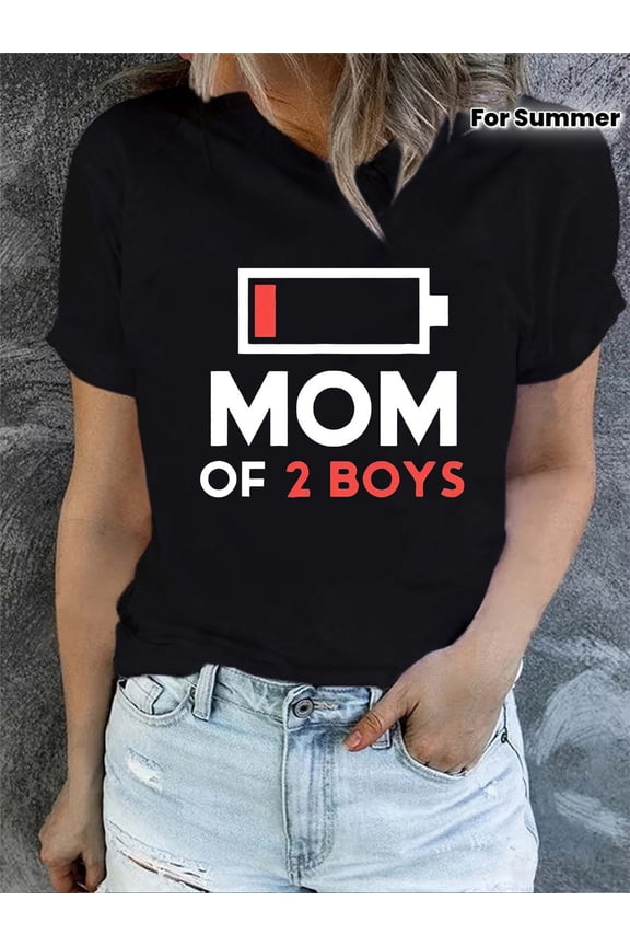 Funny Tired Mom Low Battery Graphic T-Shirt Women's Casual Summer Short Sleeve Tee Retro Motherhood Apparel Top