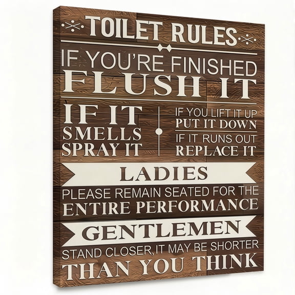 Funny Toilet Rules Wood Sign Wall Art Canvas Print Bathroom Decor