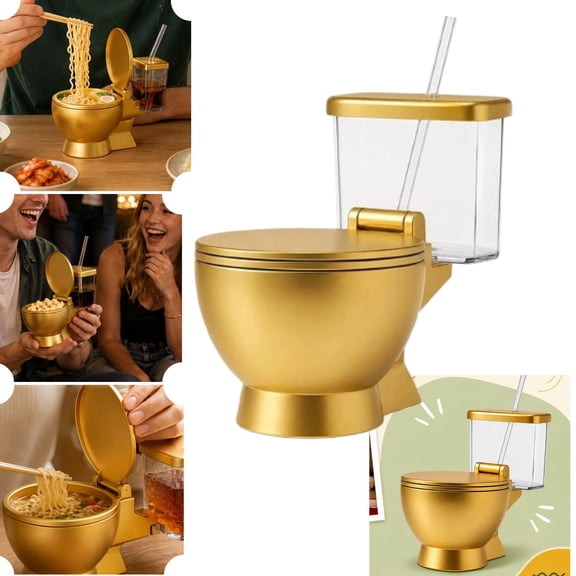 Funny Toilet Shaped Ramen Bowl Set, Novelty Golden Toilet Noodle Bowl with Matching Sippy Drink Cup, Hilarious Gag Tableware for Ramen Lovers Birthday Party Gift