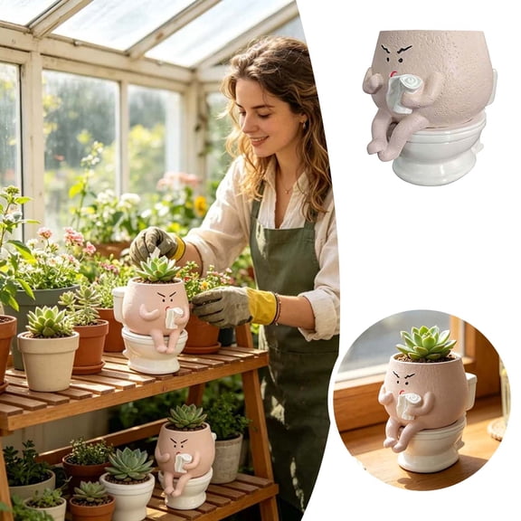 Funny Toilet-Shaped Succulent Planter Pot 5.5" Resin Pot with Humorous Character Design Decorative Cactus Holder for Home Office Desk Unique Gift Idea