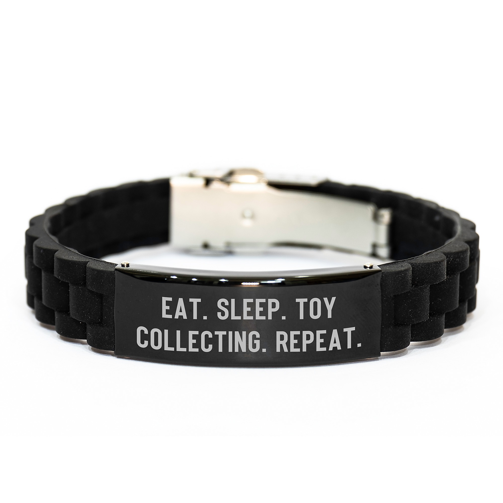 Funny Toy Collecting Gifts from Friends for Men, Eat. Sleep. Toy Collecting. Repeat., Adjustable Glide lock Clasp Black Stainless Steel Silicone Graduate Unique Gifts