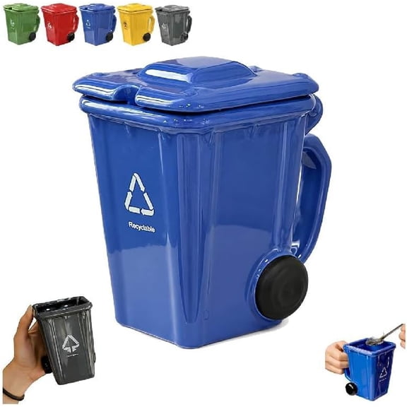 Funny Trash Can Coffee Mug with Lid, 13.5oz Ceramic Recycling Bin Shaped Mug, Novelty 3D Drinkware for Coffee, Tea & Milk, Multi-Function Desk Organizer for Pens & Pencils, Unique Gag Gift