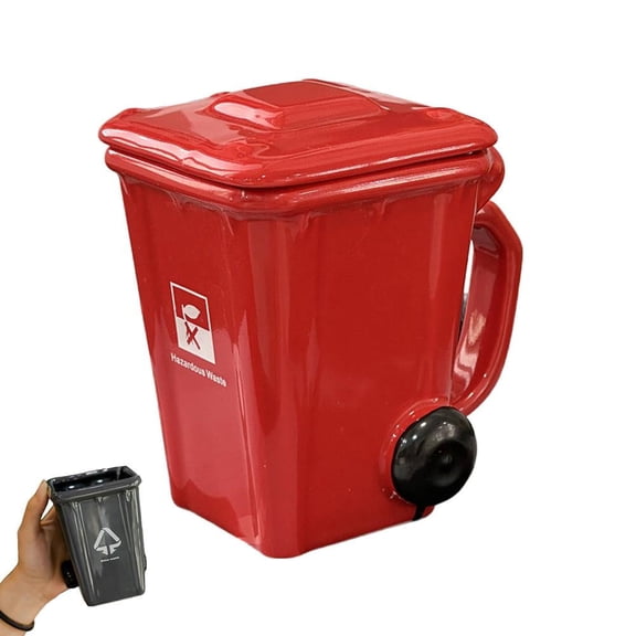 Funny Trash Can Shaped Ceramic Mug with Lid and Spoon, Unique 13.5oz Coffee Cup for Home and Office Decor, Red