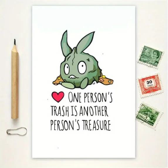 Funny Trash Rabbit Card – “One Person’s Trash is Another Person’s Treasure” Greeting Card – Perfect for Unique Occasions, Blank Inside, Includes Envelope