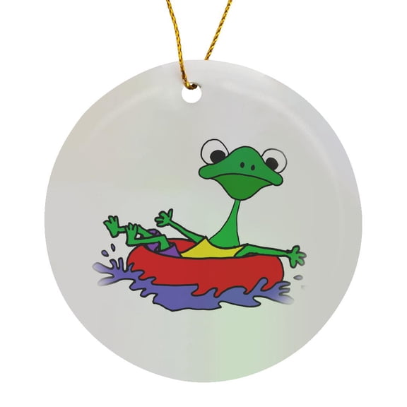 3drose, Funny Tree Frog Floating down River in Inner Tube Nature Cartoon, Circle Porcelain Ornament