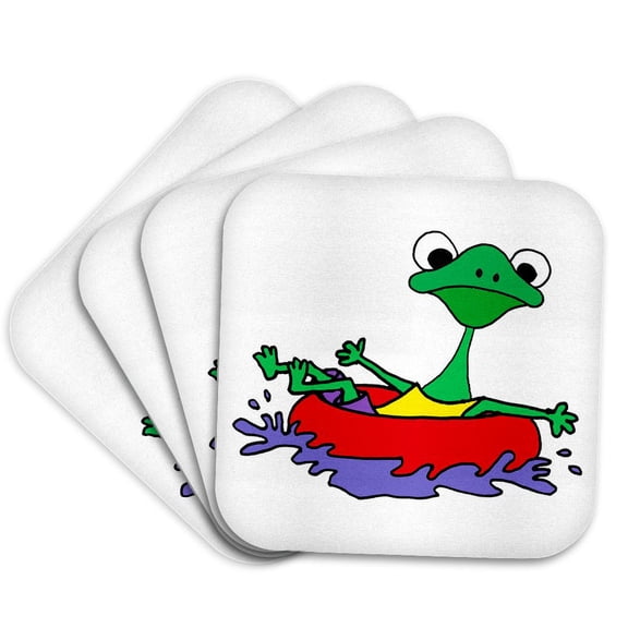 3drose, Funny Tree Frog Floating down River in Inner Tube Nature Cartoon, Set of 4 Coasters - Soft