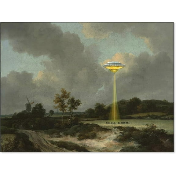 Funny Trippy Abstract UFO Poster Trendy Vintage Eclectic Scenery Wall Art Quirky Alien Abduction Oil Canvas Paintings for Living Room Bedroom Wall Decor 08x10 inch Unframed