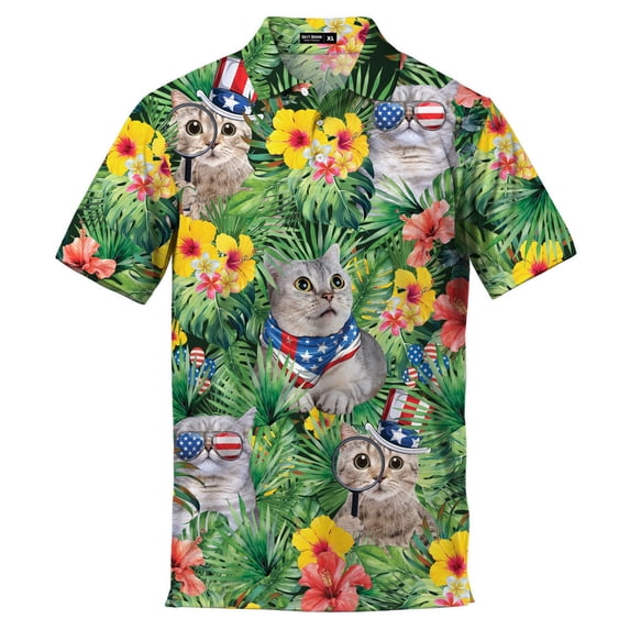 Funny Tropical American Cat Polo Shirts For Men Floral USA Flag Shirt Mens Polo Shirts Short Sleeve Button Up Golf Shirts