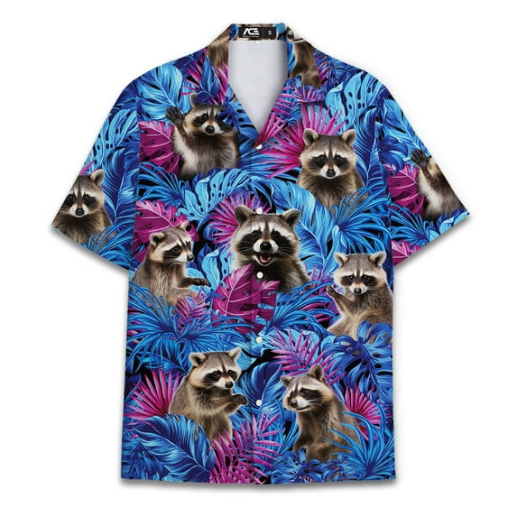 Funny Tropical Raccoon Hawaiian Shirts For Men Racoon Tropical Casual Mens Hawaiian Shirts Short Sleeve Button Down Shirt Men