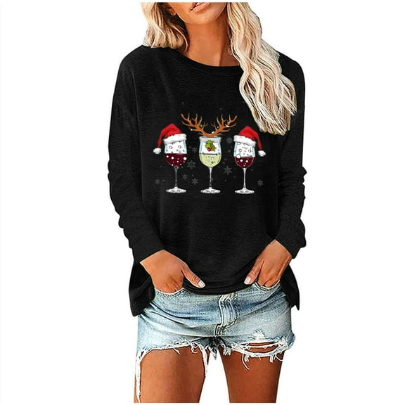 Funny Tshirts Women Wine Glass Christmas Sweatshirt Funny Christmas Pullover Tee Xmas Santa Hat Graphic Blouse Tshirt Tops Womens Sweatshirt S-37 Black XXL