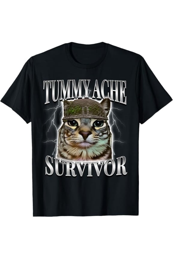 Funny Tummy Ache Survivor Cat Meme Saying Cats Animal T-Shirt Unisex Adults Men Women Crew Neck Short Sleeve Tees Black