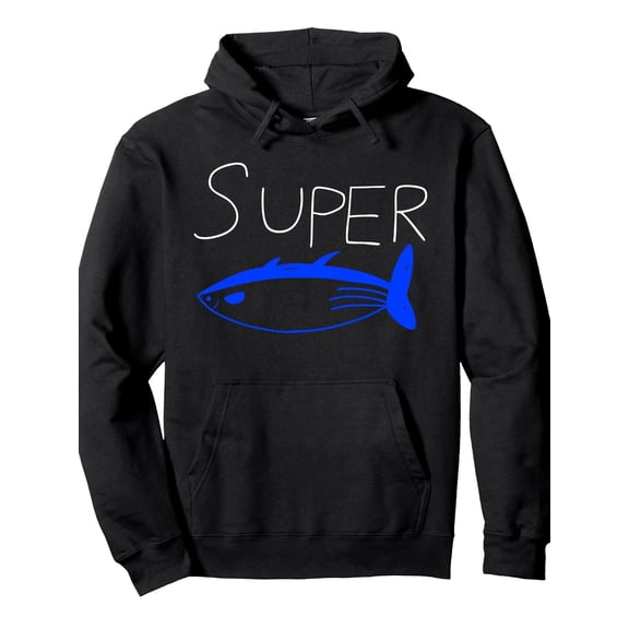 Funny Tuna Fish 3D Print Hoodie - Super Tuna Graphic Pullover Hooded Sweatshirt with Tuna Scale Design, S-XXXL Sizes, 60% 40% Blend for Casual & Outdoor Wear (Blue Tuna Fish & White SUPER Print)