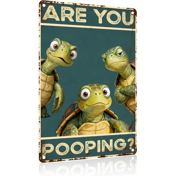Funny Turtle Metal Wall Sign for Bathroom Decor, Restroom Toilet Washroom Poster, 8 x 12 Inch