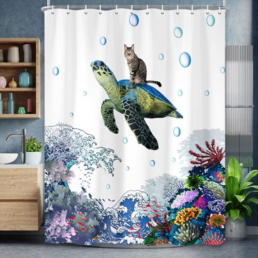 Funny Cat Riding Sea Turtle Shower Curtain - Underwater Ocean Theme Bathroom Decor 70x70 Inches