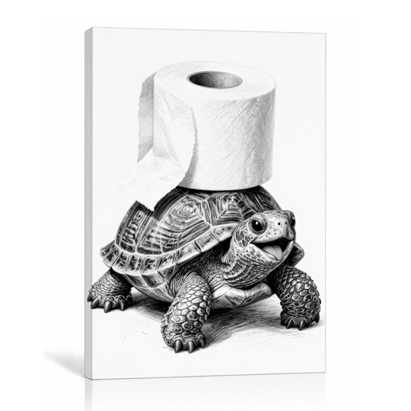 Funny Turtle Toilet Paper Wall Art, Bathroom Humor Decor, Black White Animal Canvas Print for Guest Restroom or Powder Room, 20"L x 30"W